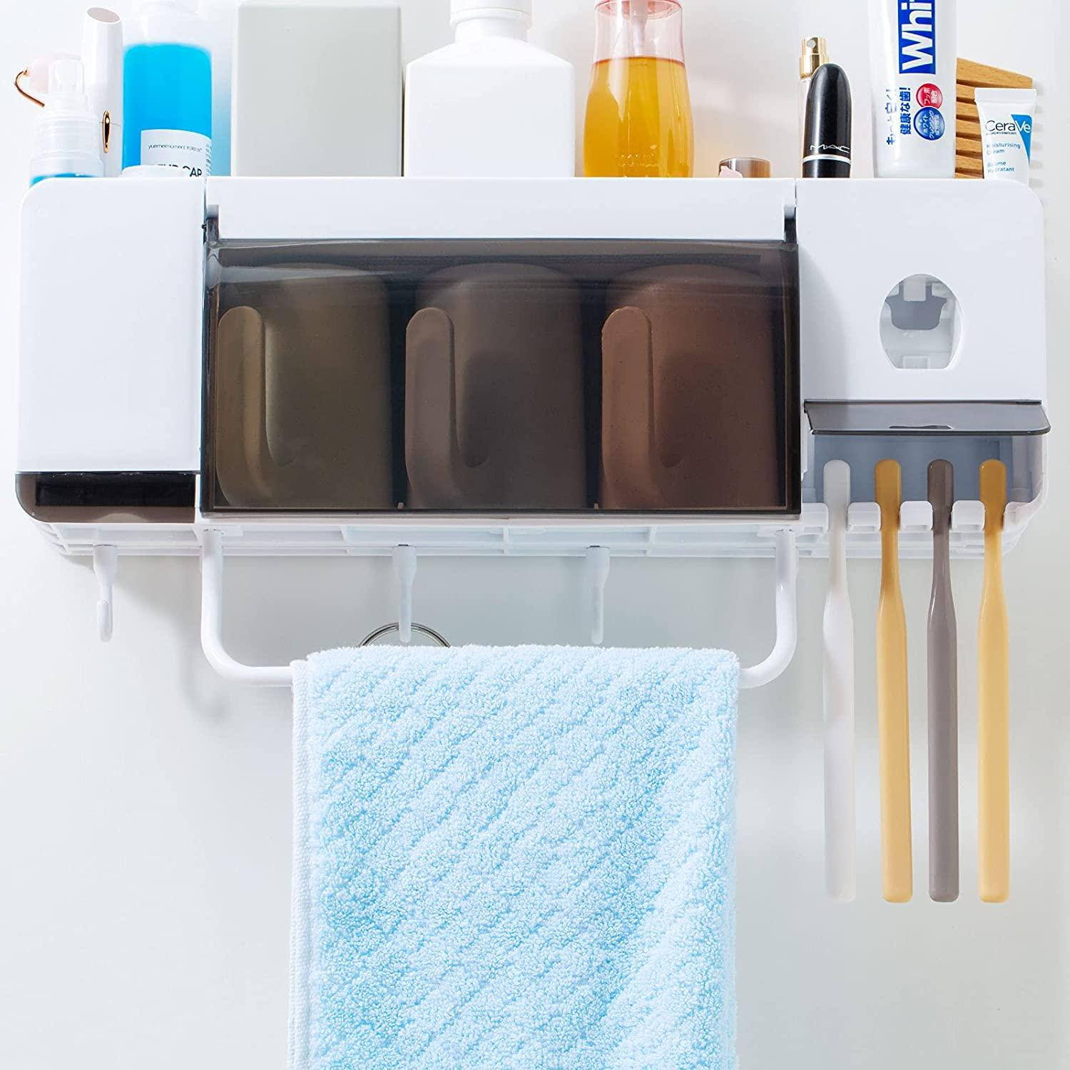 Bathroom storage with three plastic cups