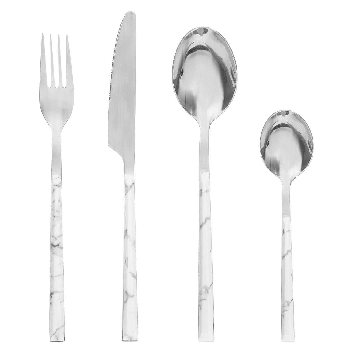 Cutlery Set with White Marble Pattern - 24 Pieces