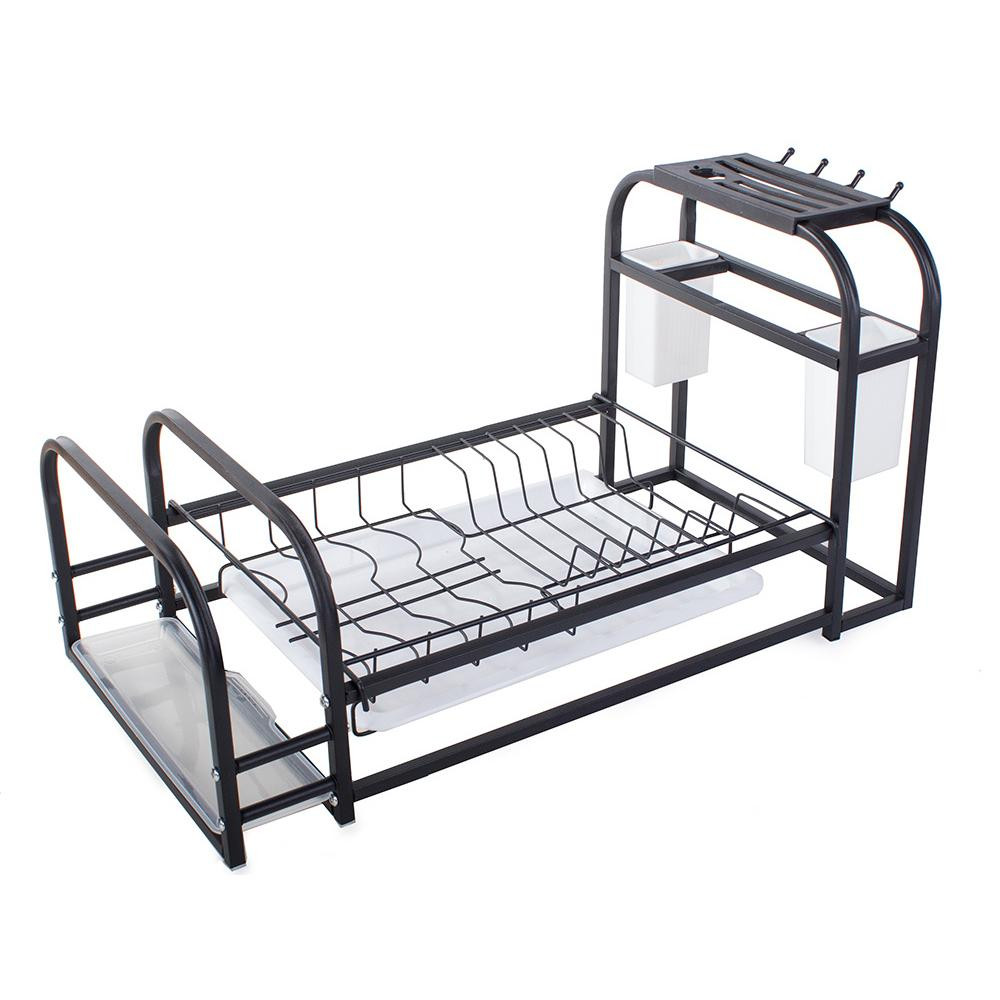 Disk rack with drip tray and shelf - black