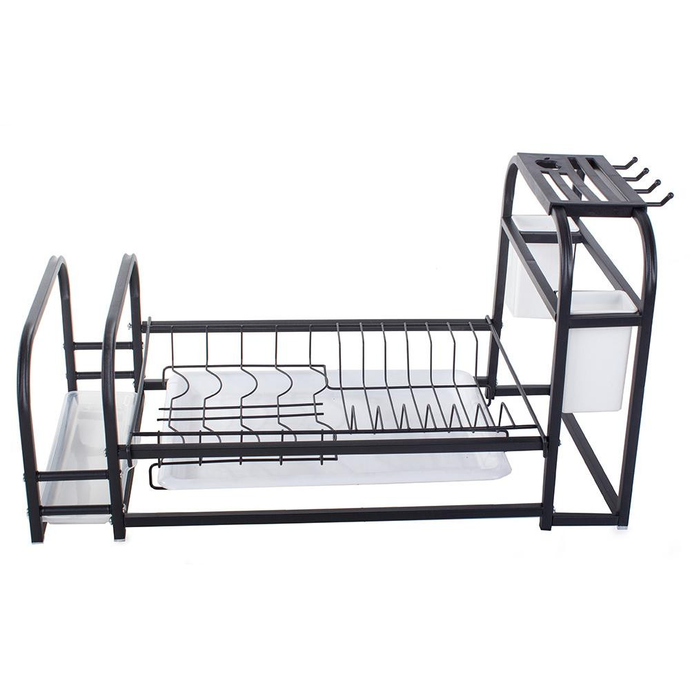 Disk rack with drip tray and shelf - black