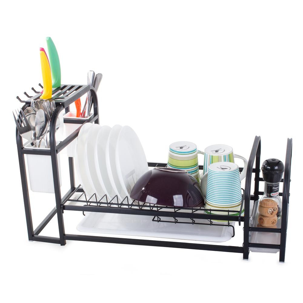 Disk rack with drip tray and shelf - black