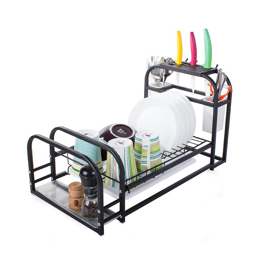 Disk rack with drip tray and shelf - black