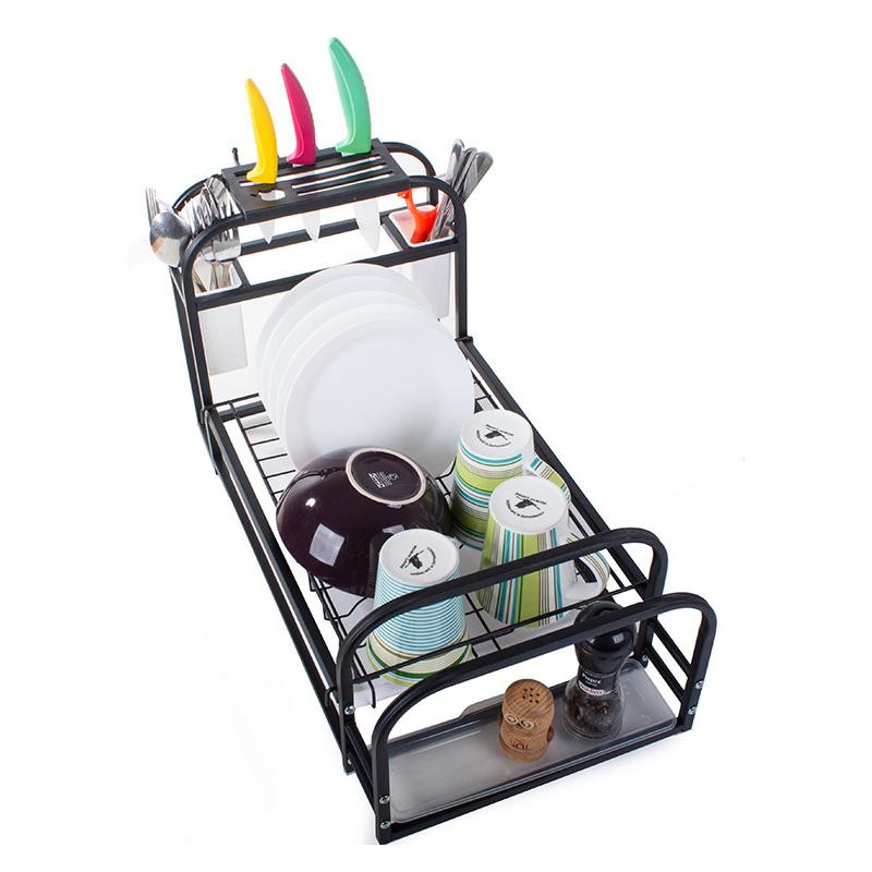Disk rack with drip tray and shelf - black