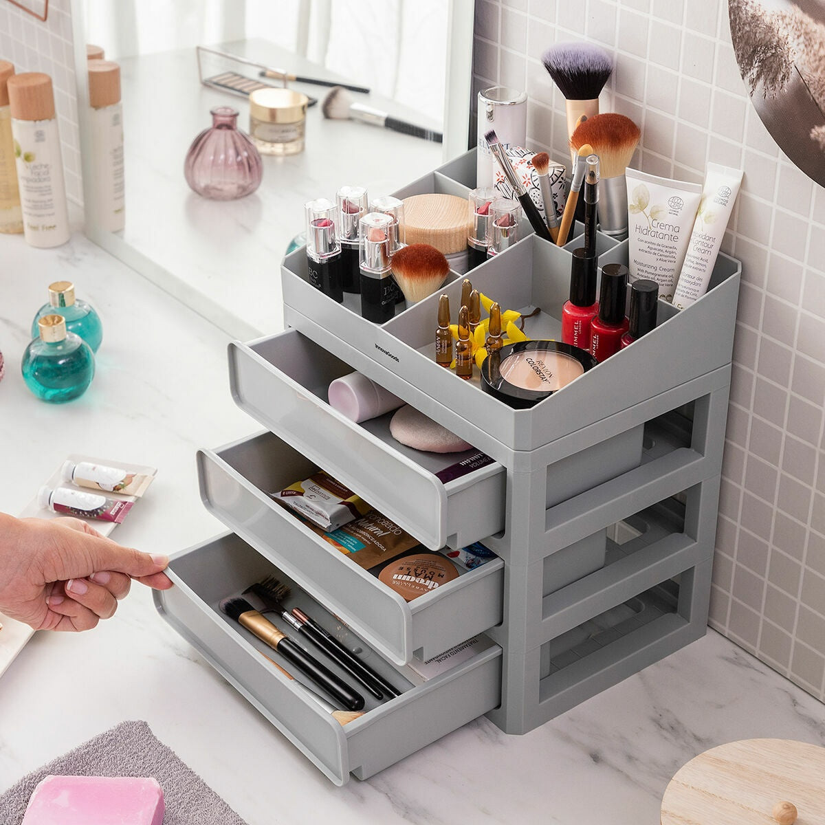 Makeup storage - 3 boxes - 9 compartments - gray