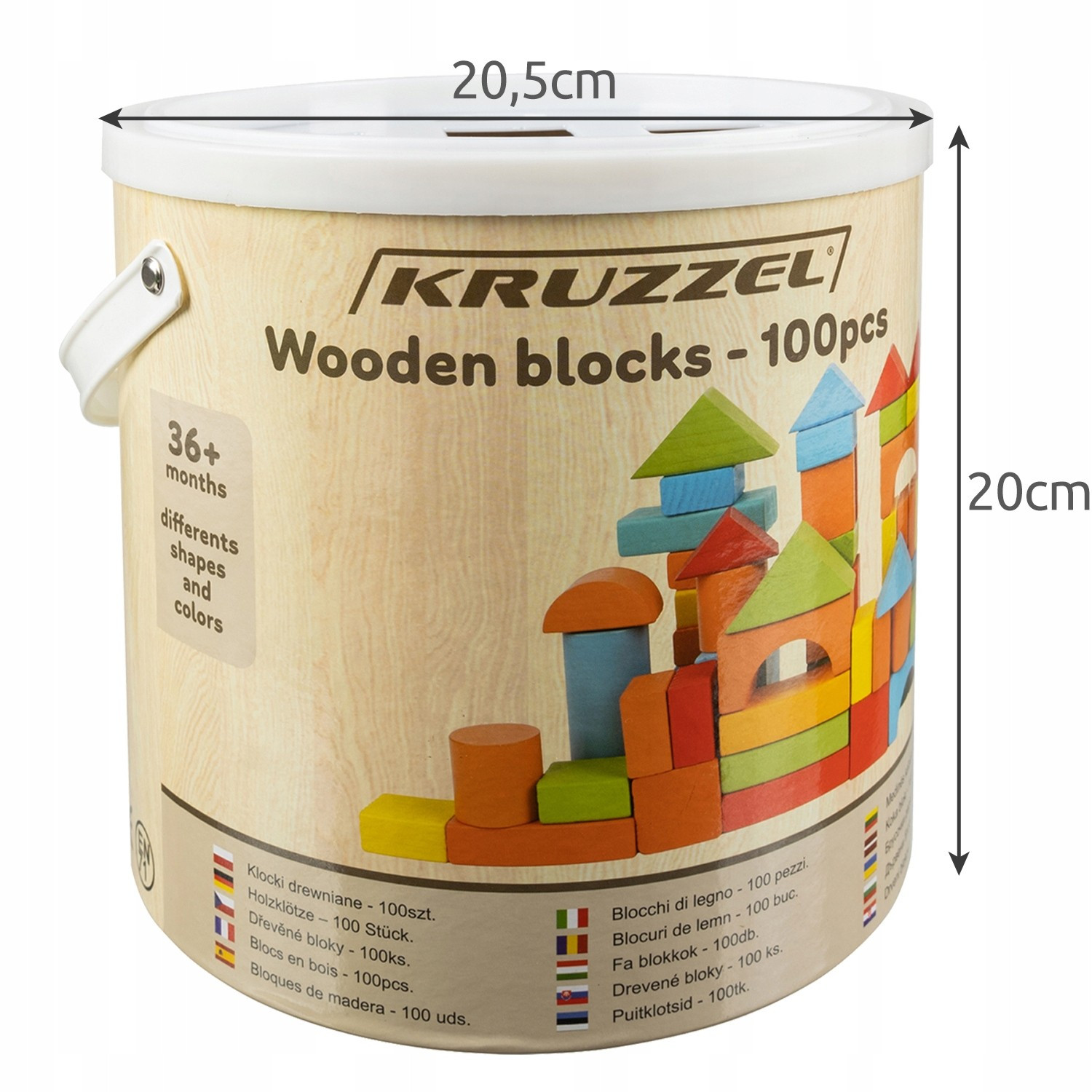 100 Holzklötze in einem Eimer mit Sortierdeckel
