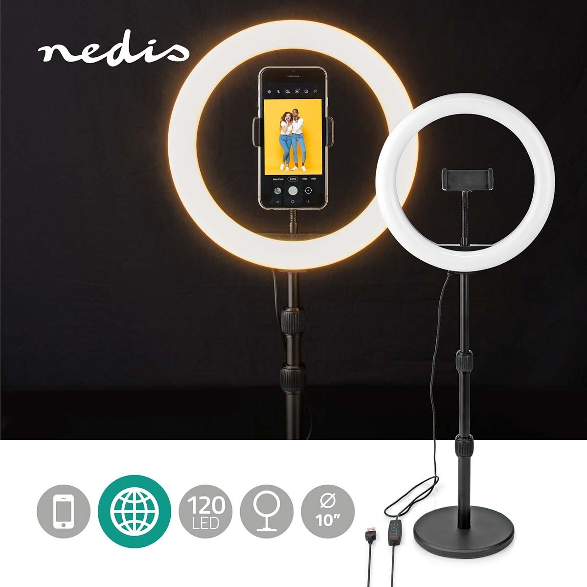 Aneljus | 10 polegadas | 120 LEDs | 2700 - 6700 K | Skrivbord | Svart