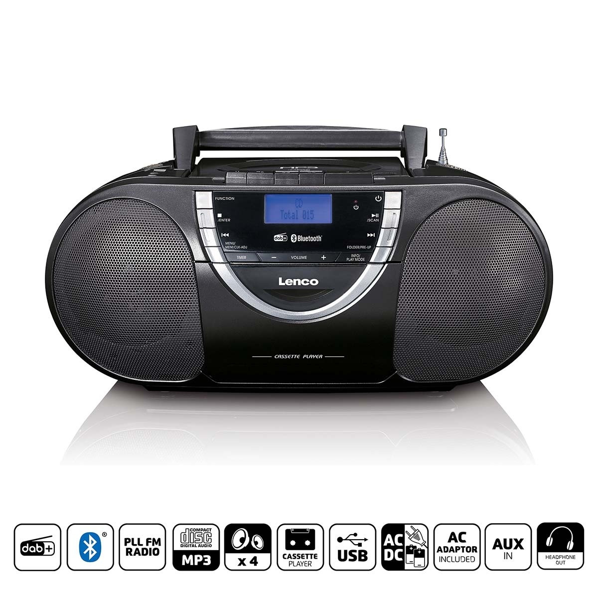 Rádio DAB+ e FM Portátil com Cassete CD e Bluetooth Preto