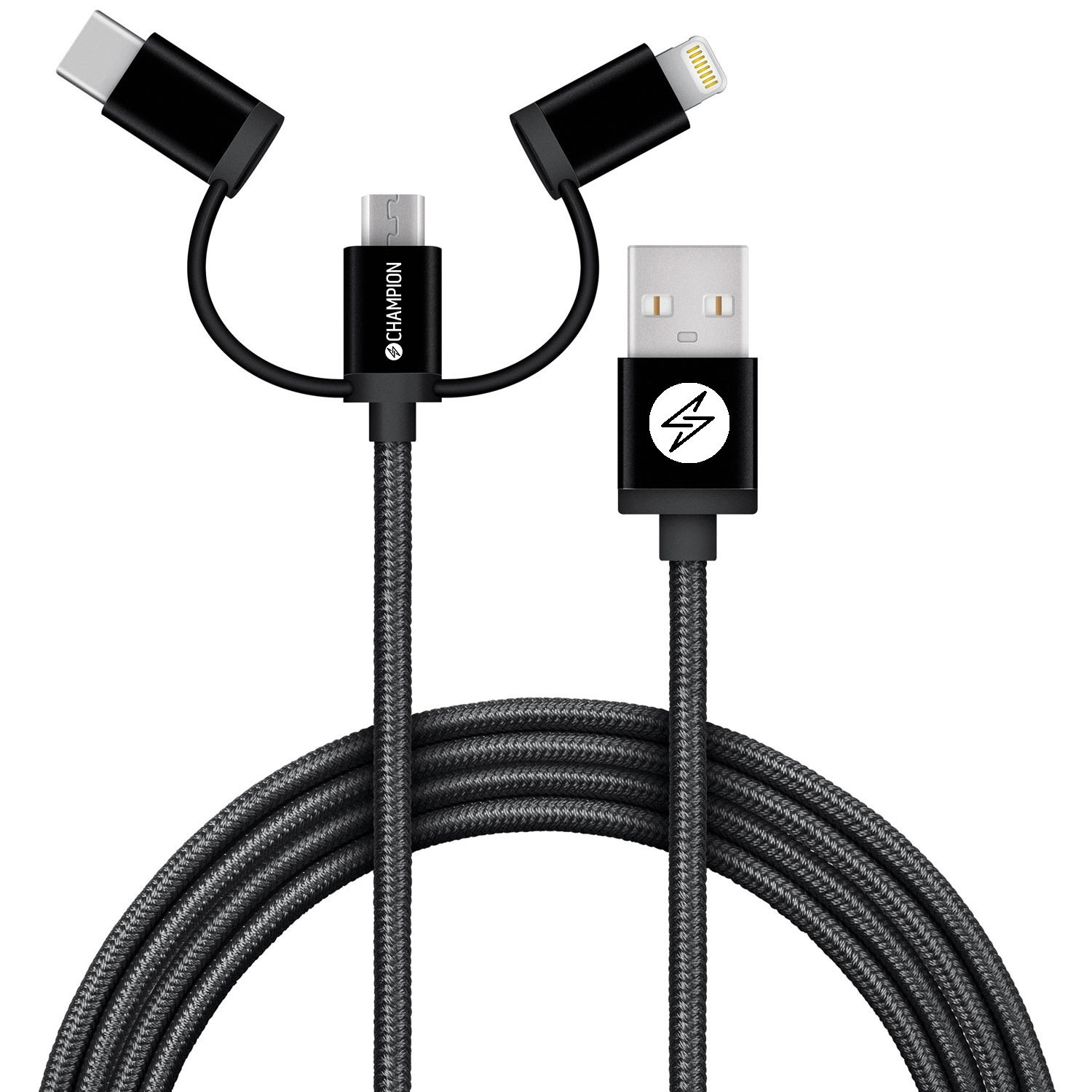 USB-A para Lightning, USB-C e Micro-USB 1,5m Preto