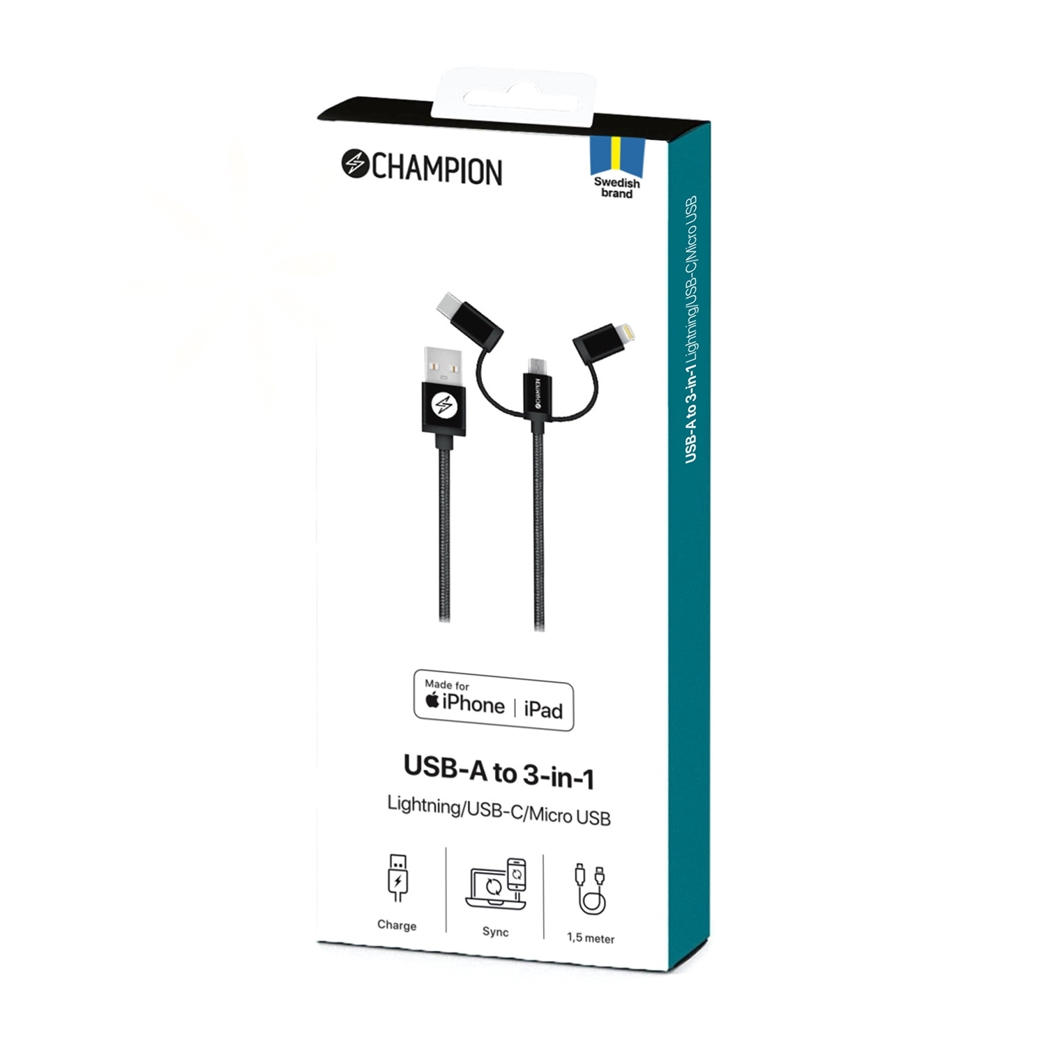 USB-A para Lightning, USB-C e Micro-USB 1,5m Preto
