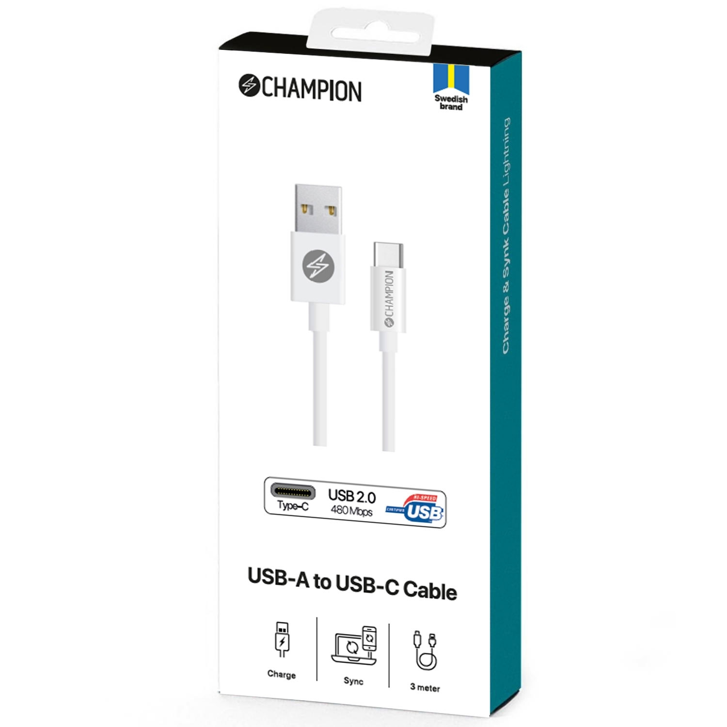 Cabo USB-A para USB-C 3m Branco