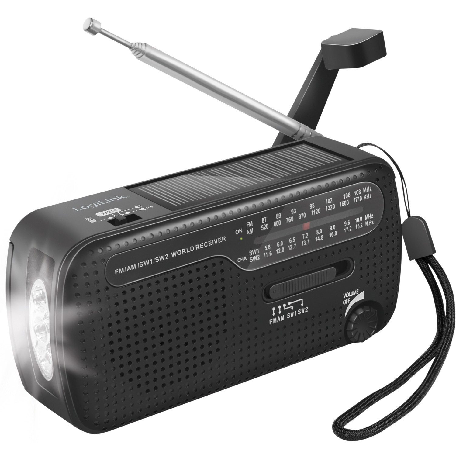 Rádio de manivela com lanterna e célula solar Preto
