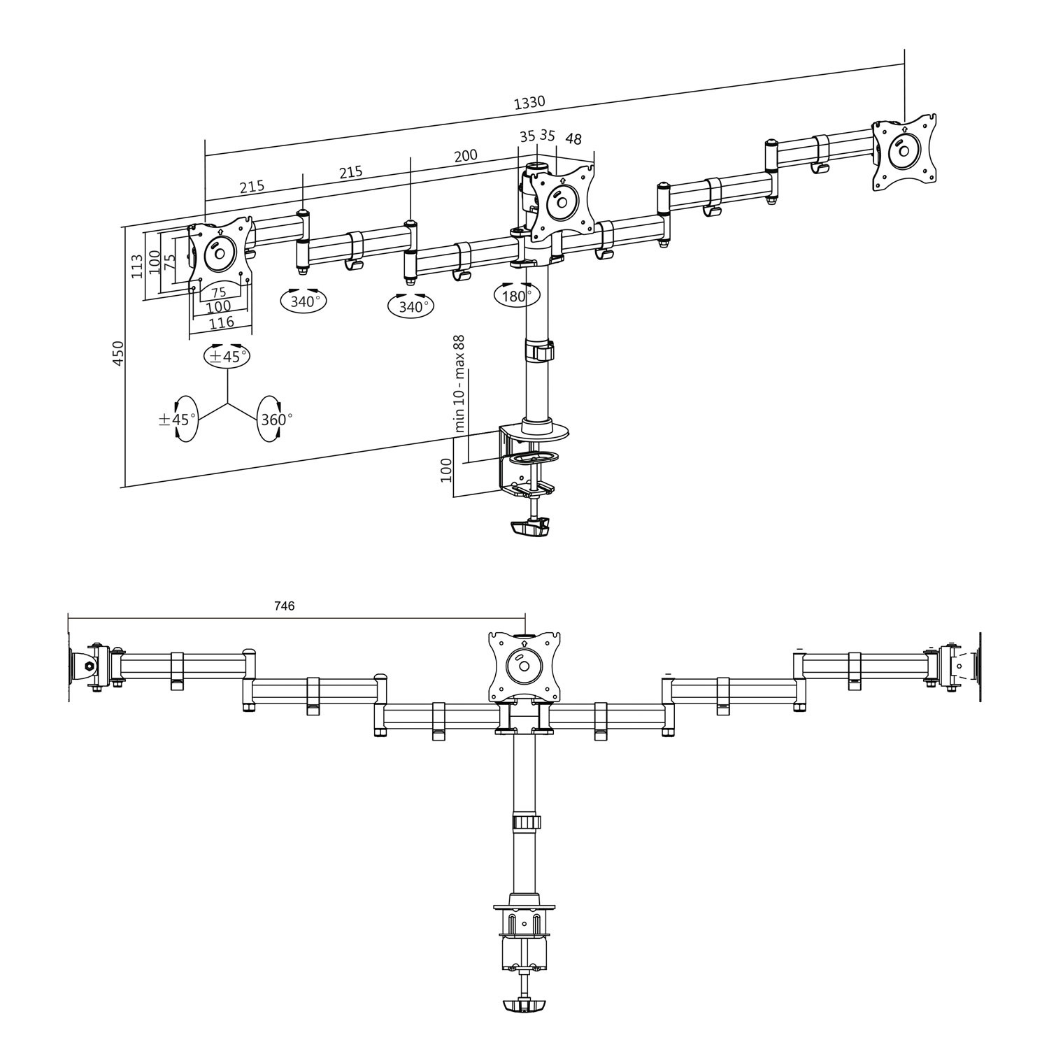 Monitorarm drievoudig 13-27"