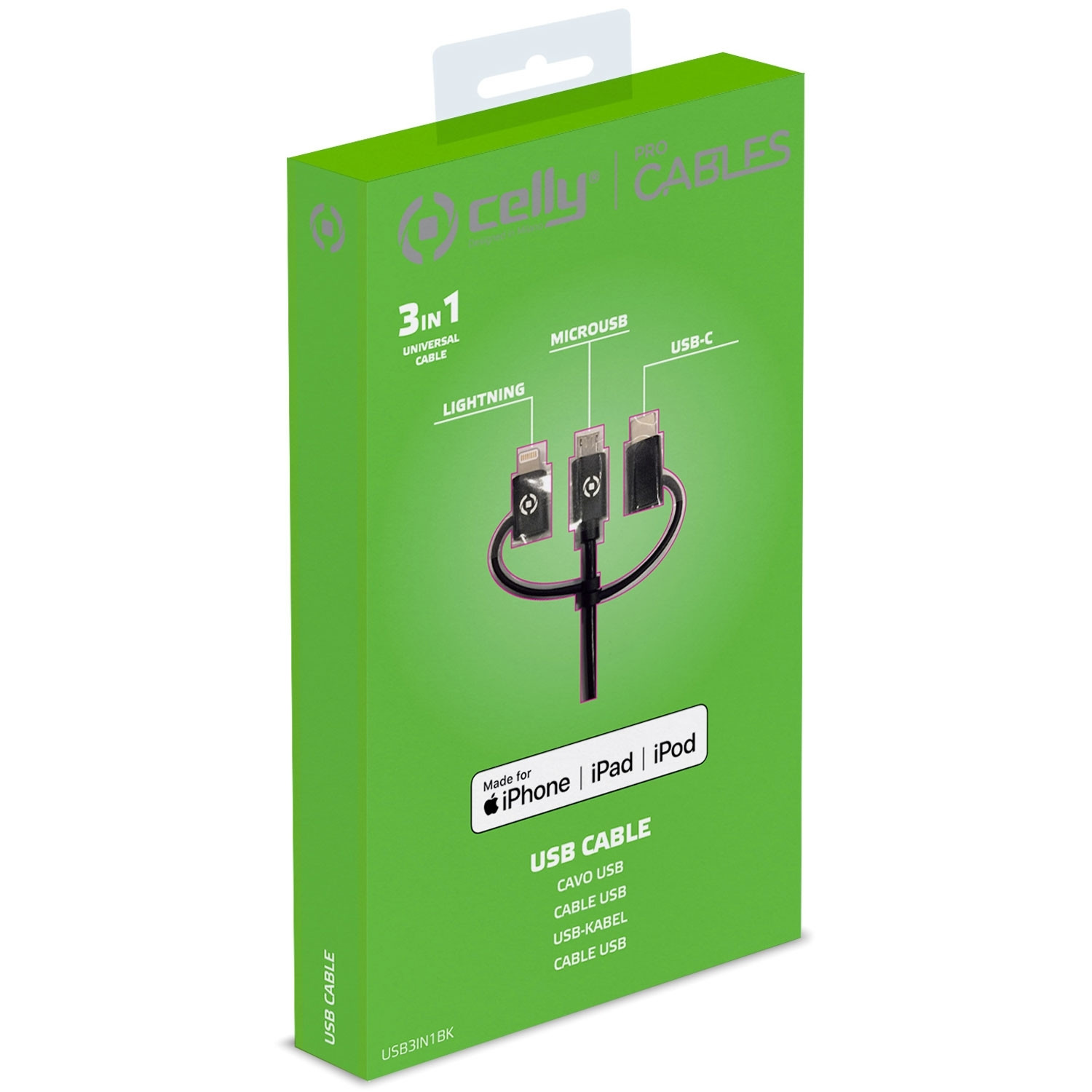 Cable 3 en 1 MicroUSB/Lightning/USB-C 1m
