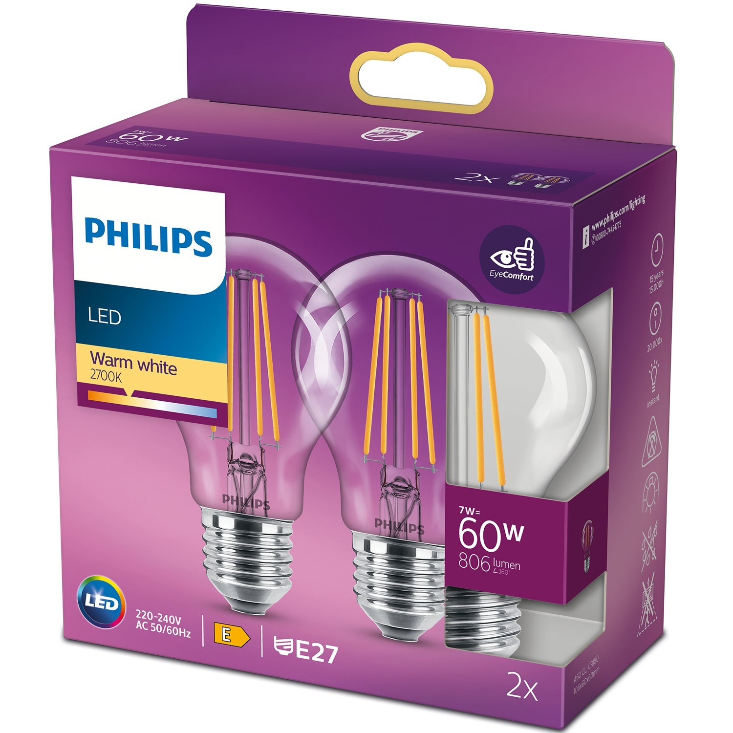 Pack 2 LED E27 Normal 7W (60W) Transparente 806lm