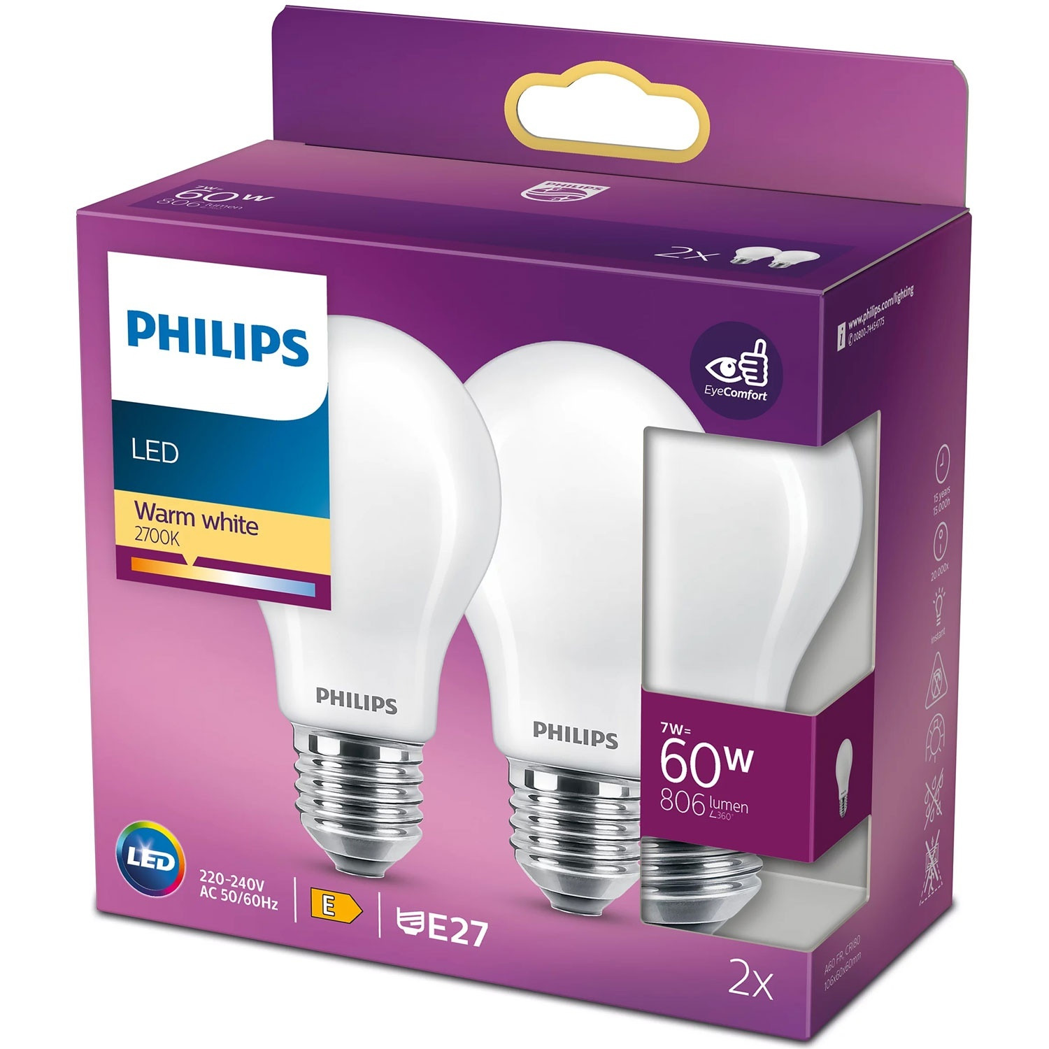 Pack 2 LED E27 Normal 60W Escarcha 806lm