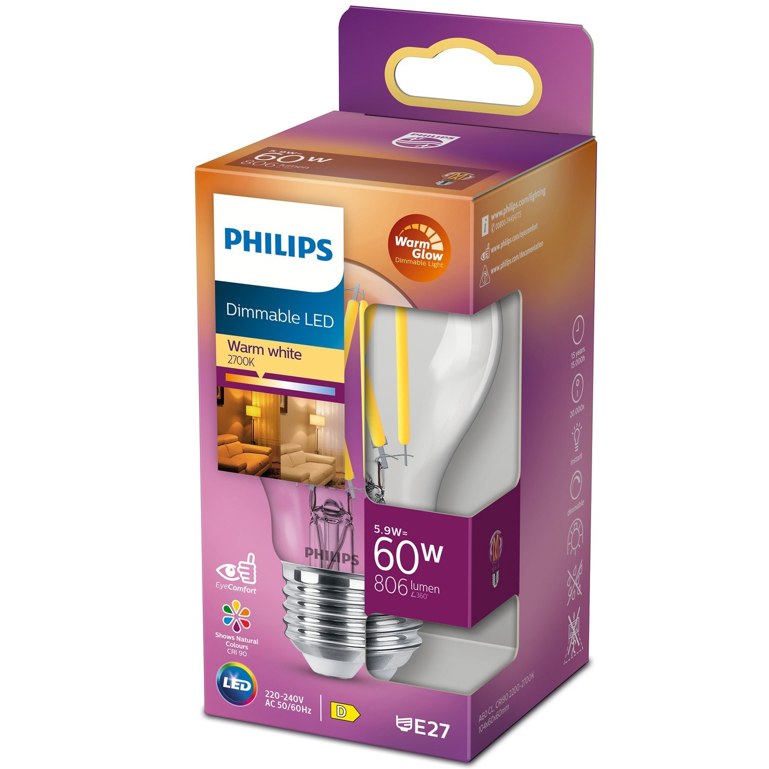 LED E27 Normal 60W Clear Dimmable WarmGlow 806lm