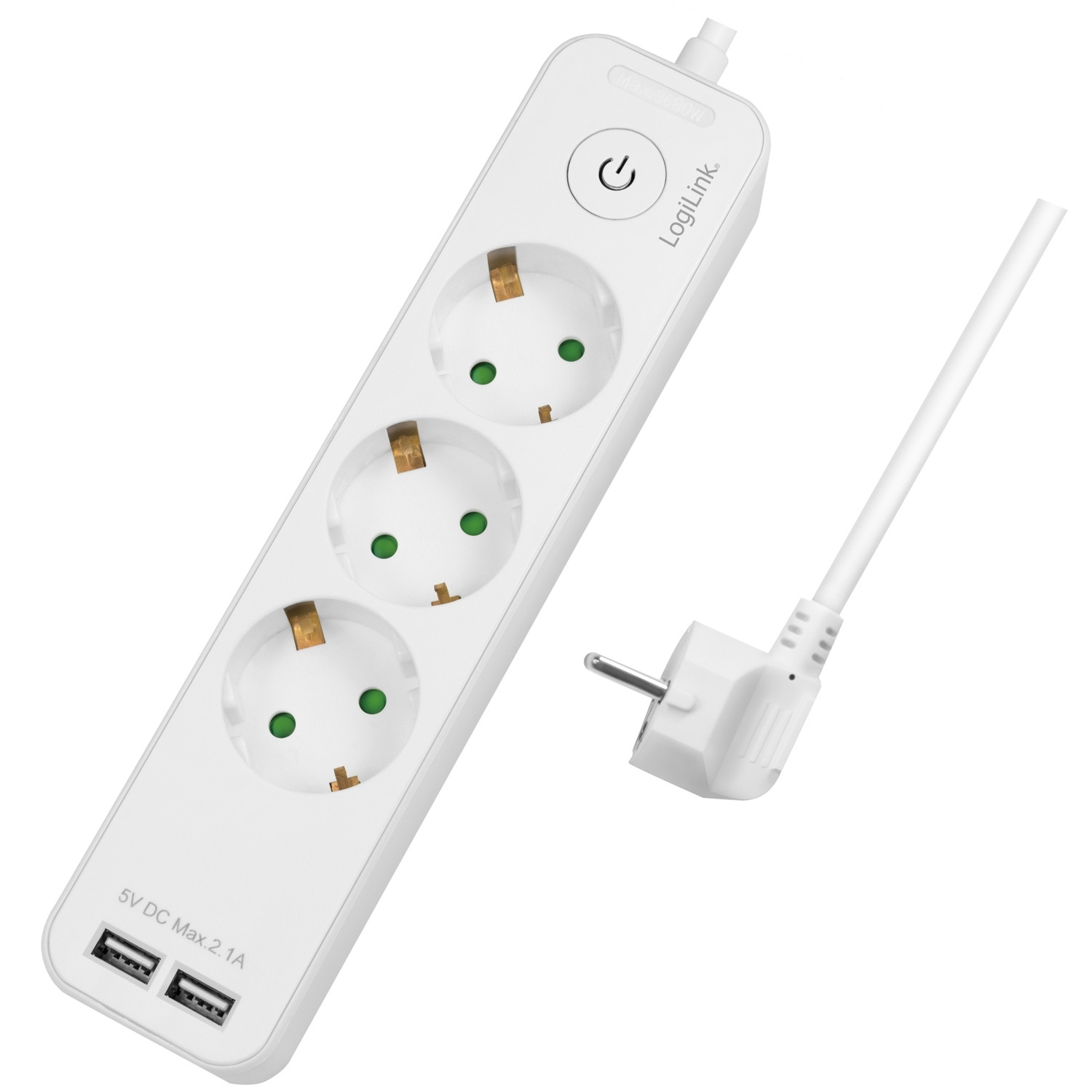 Tomada 3 vias + 2 USB com interruptor 1,5m Branco