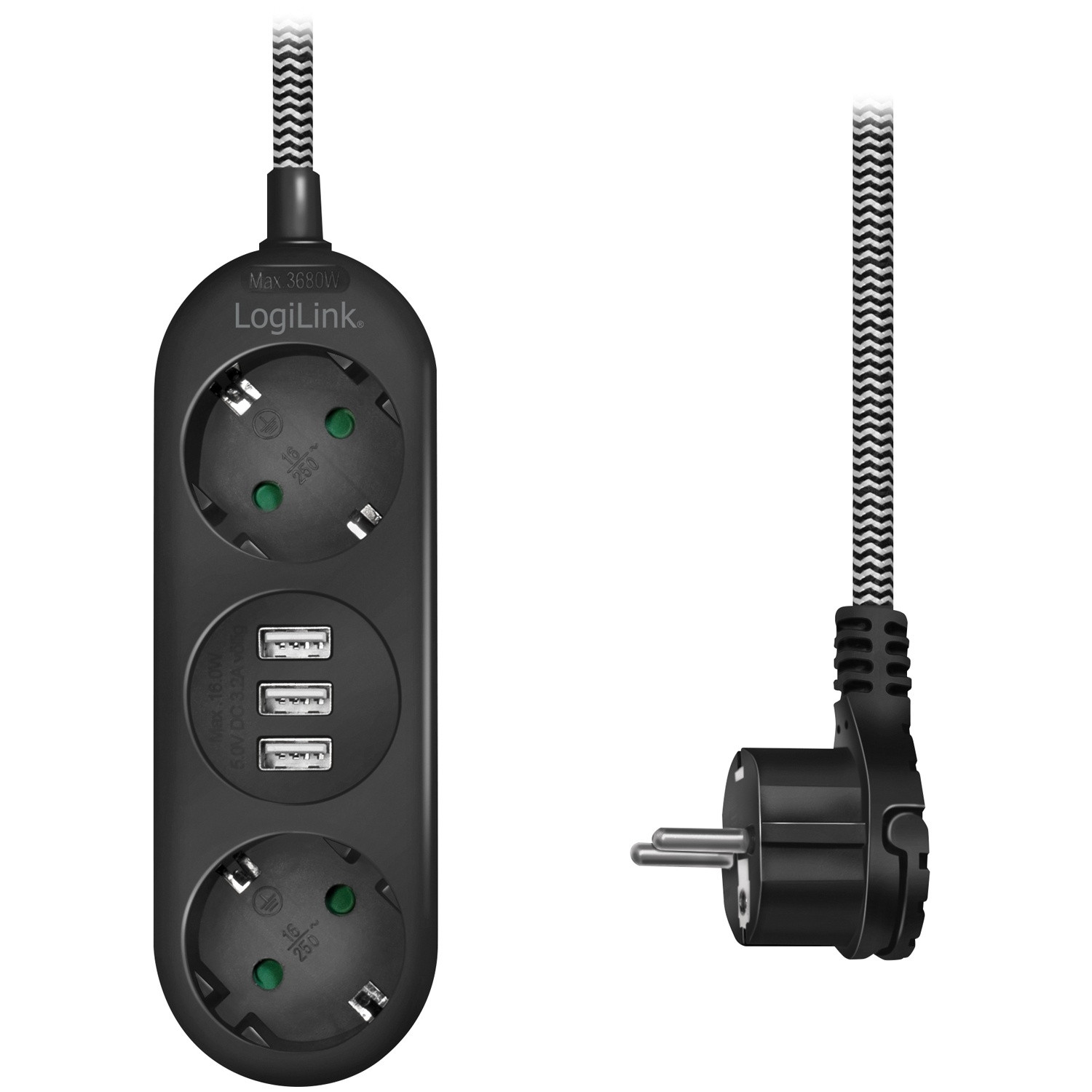 Steckdose, geerdeter 2-Wege-3xUSB-Flachstecker