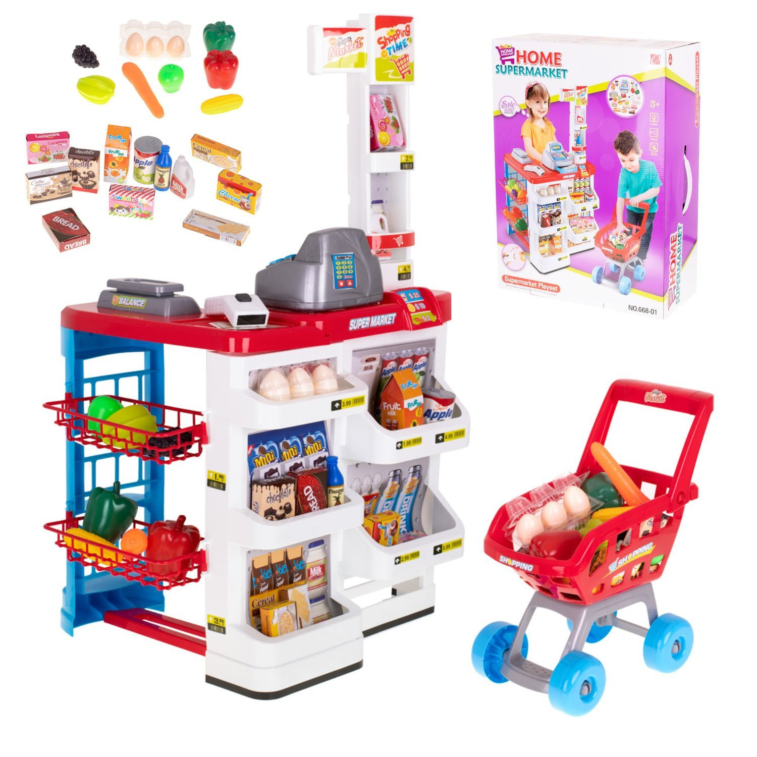 Grande supermercado com carrinho e mantimentos