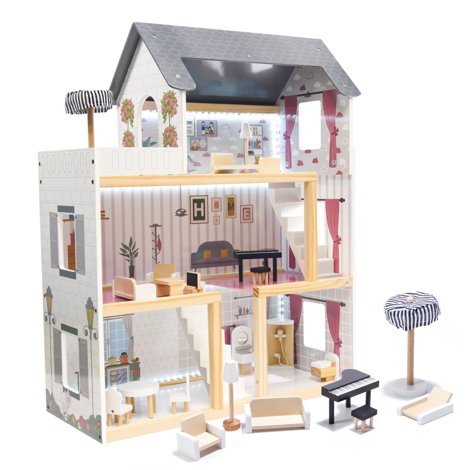 Self-assembling Dollhouse with 4 Rooms & LED lighting