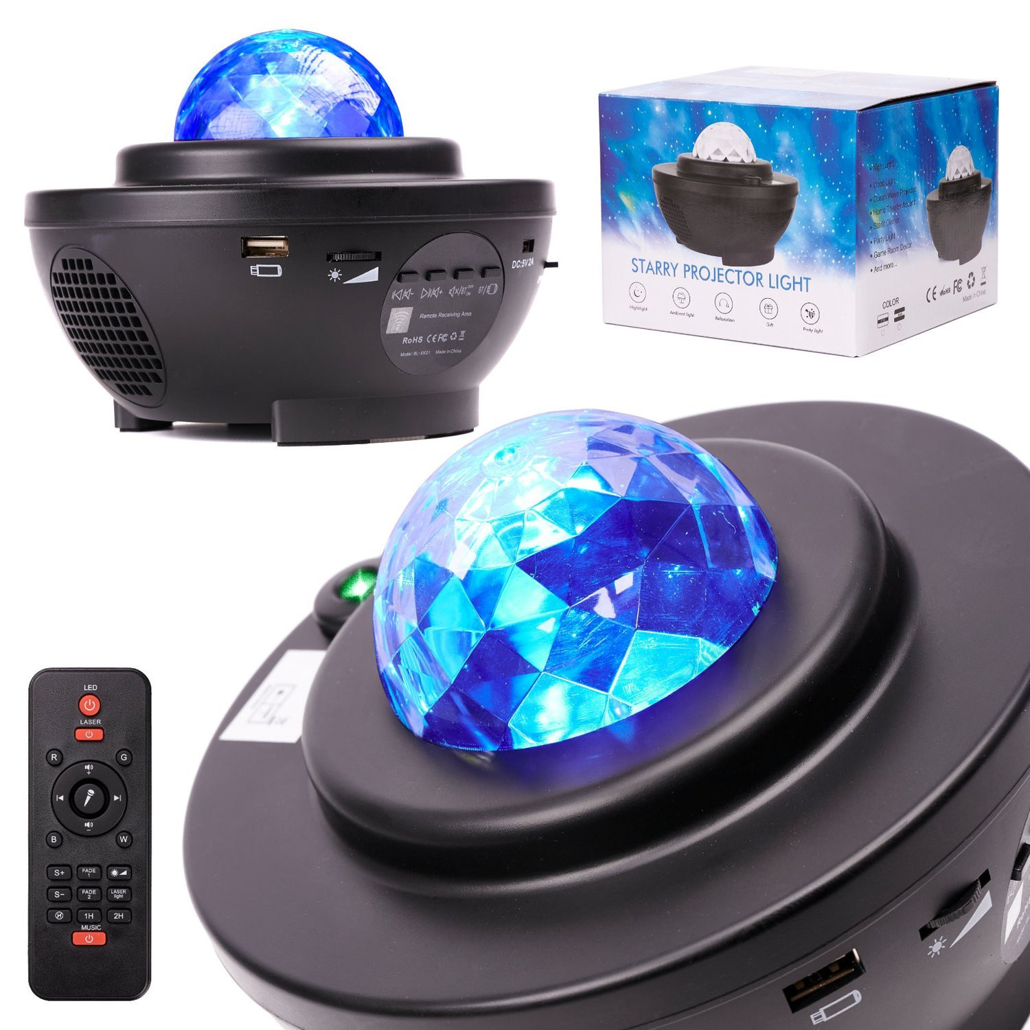 Projetor estrela com conexão Bluetooth e USB