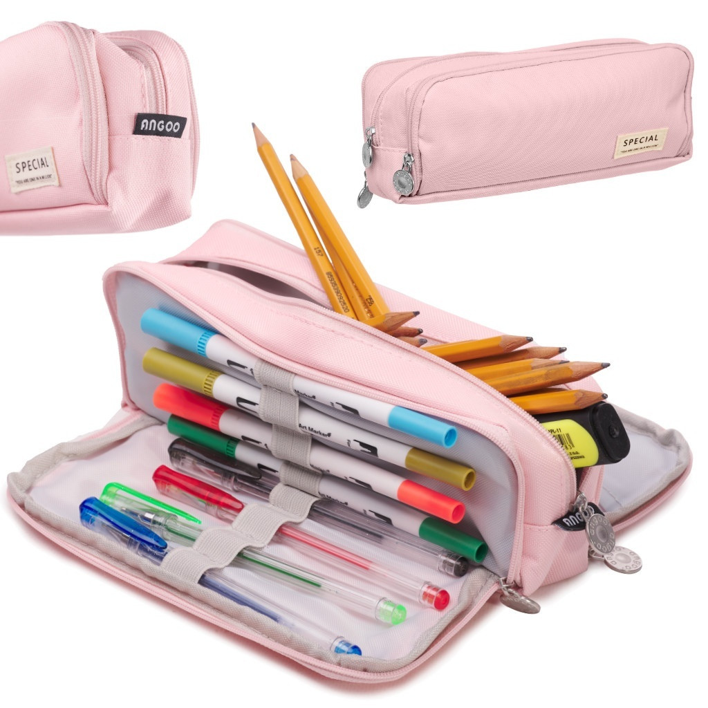 Spacious pink pencil case with three compartments