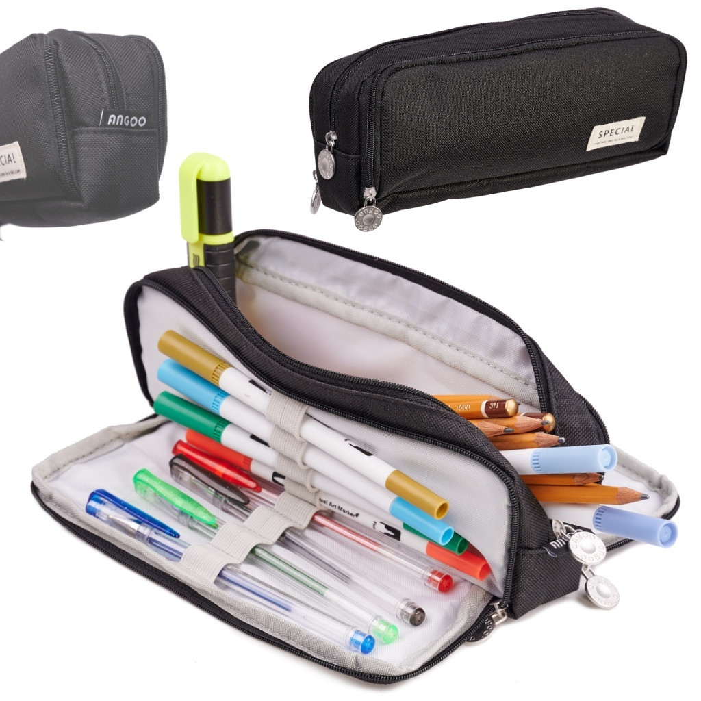 Spacious Pencil Case/Makeup Bag, 3 Compartments, Black Polyester