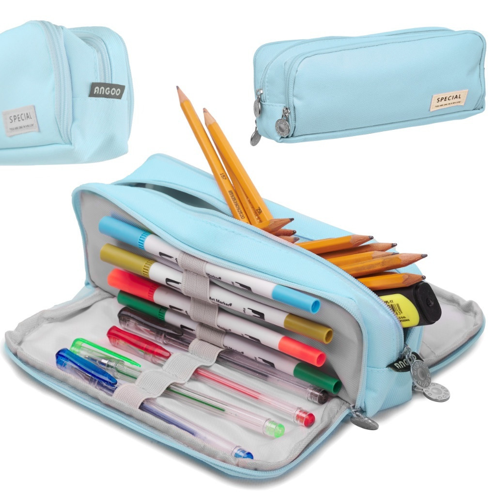 Spacious Blue Pencil Case with 3 Compartments