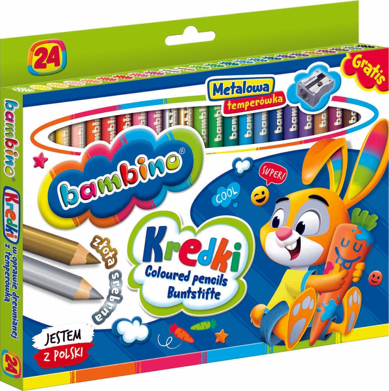 Colorful crayons with sharpener, 24-pack