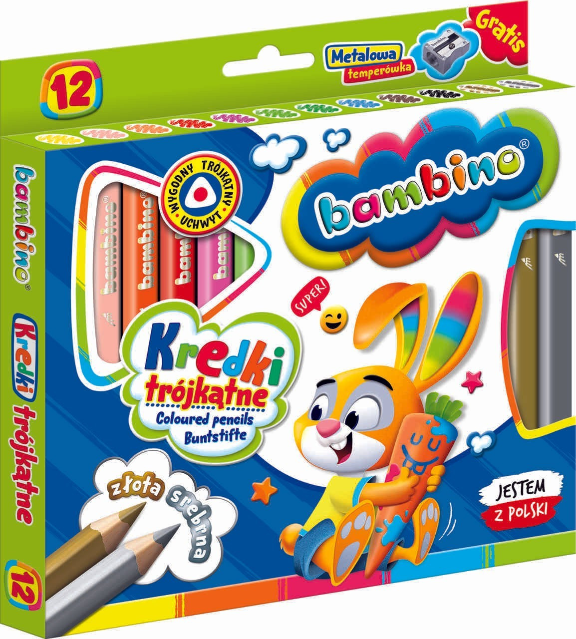 Triangular Crayons in Wooden Frame, 12 Colors + Sharpener