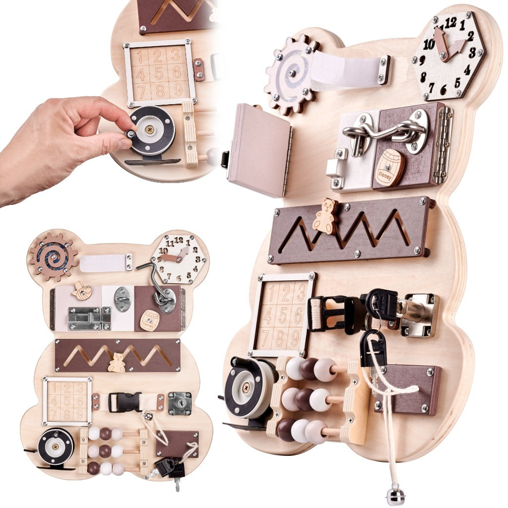 Sensory activity board with teddy bear