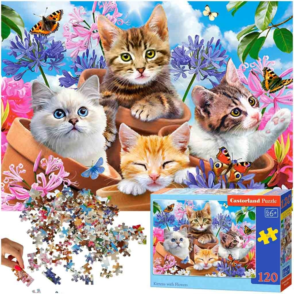 Puzzle 120 pièces - Chatons & Fleurs