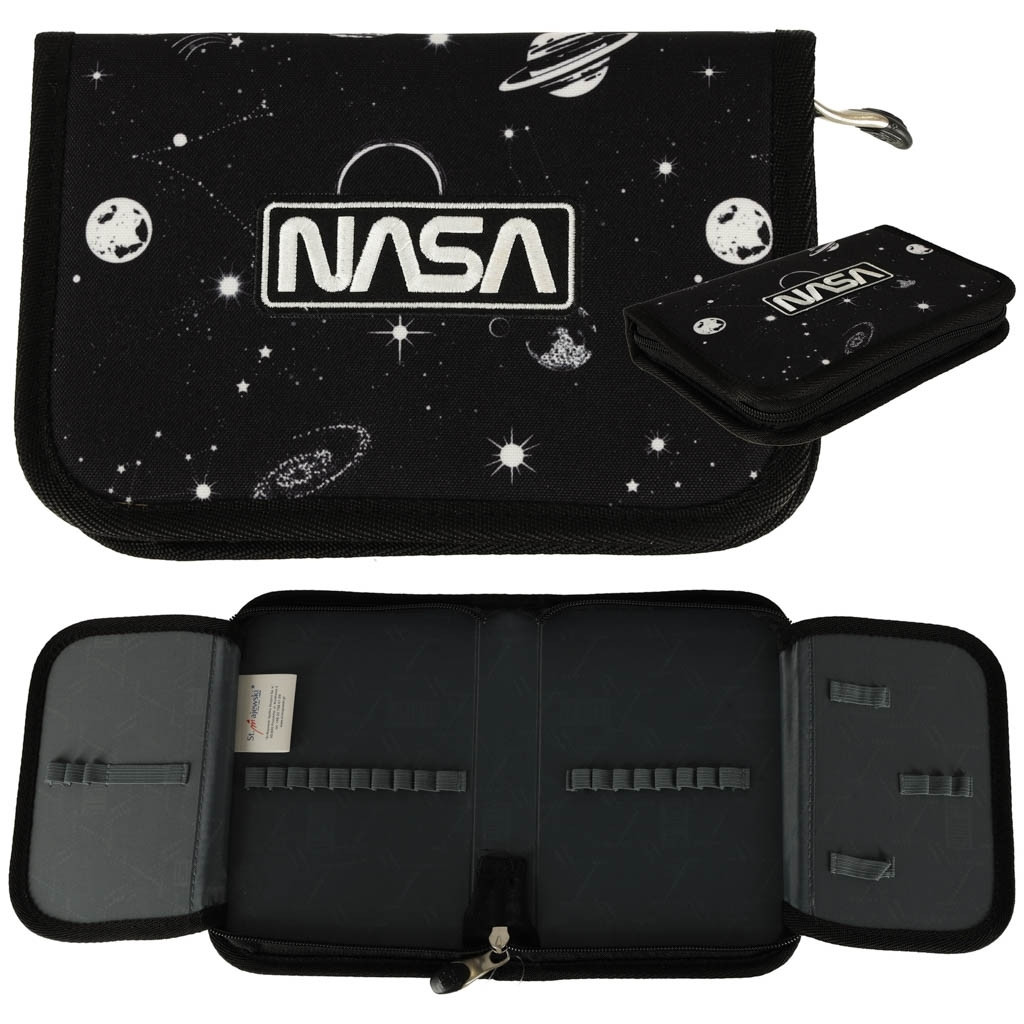 Black pencil case with cosmic design, multiple compartments