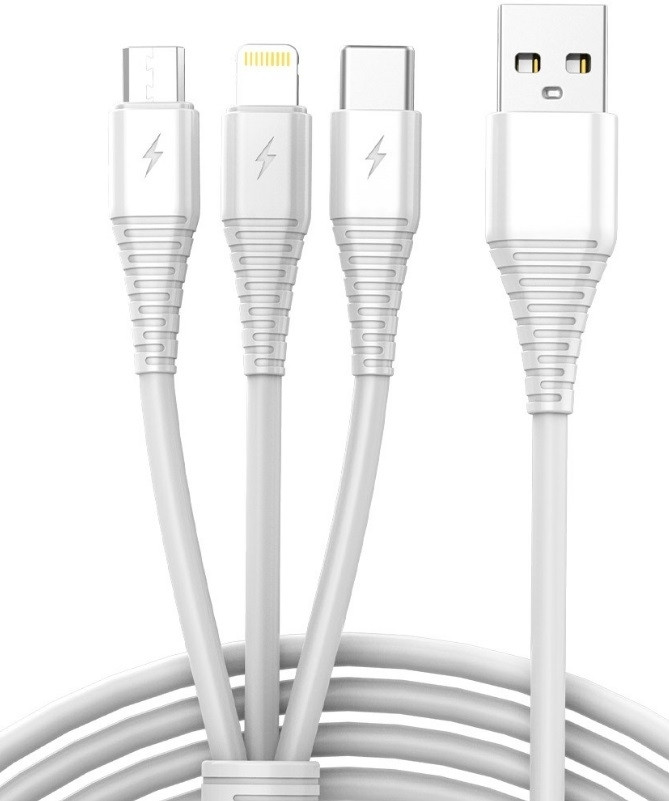 Cable USB 3 en 1 1m Blanco - Micro USB, USB-C, Lightning