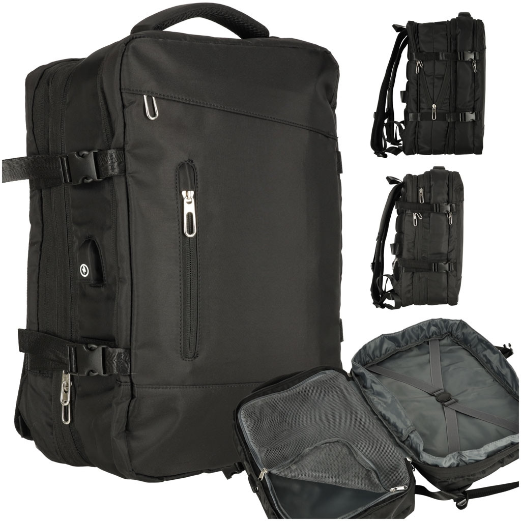 Expandable black travel backpack, foldable