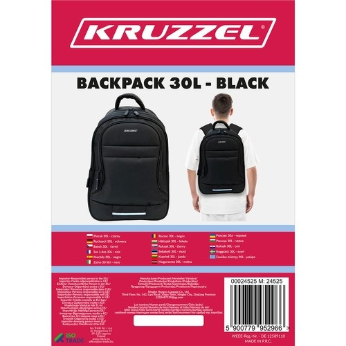 Black backpack 30L with several compartments