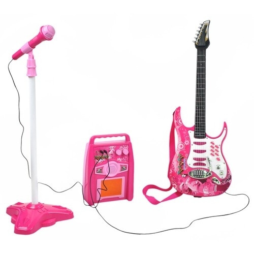 Set chitarra rosa per bambini con amplificatore e microfono