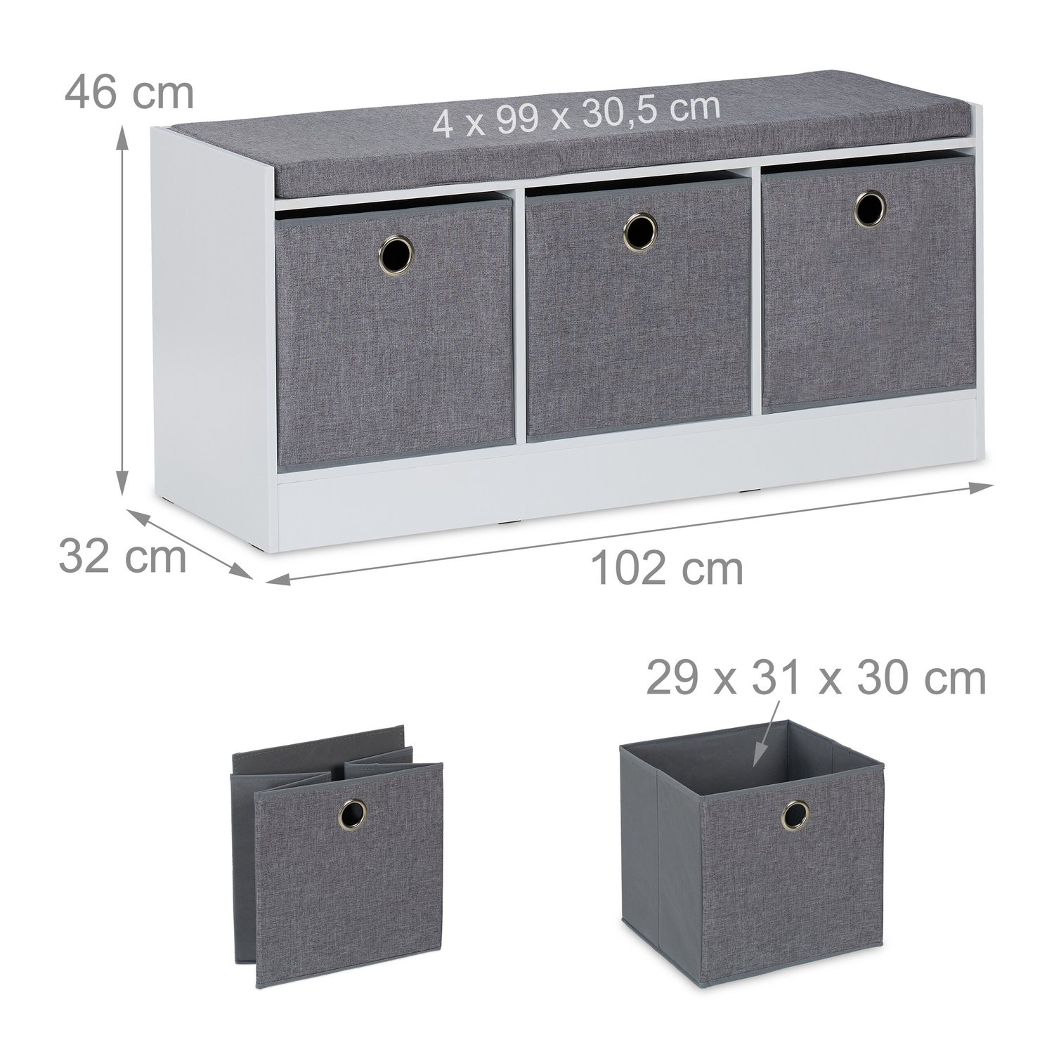Banc avec rembourrage et 3 compartiments