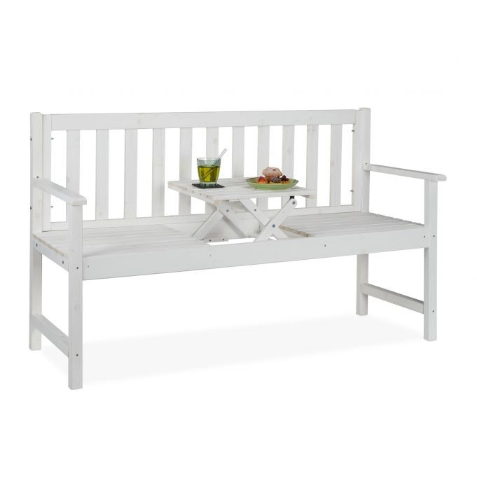 White garden bench with table