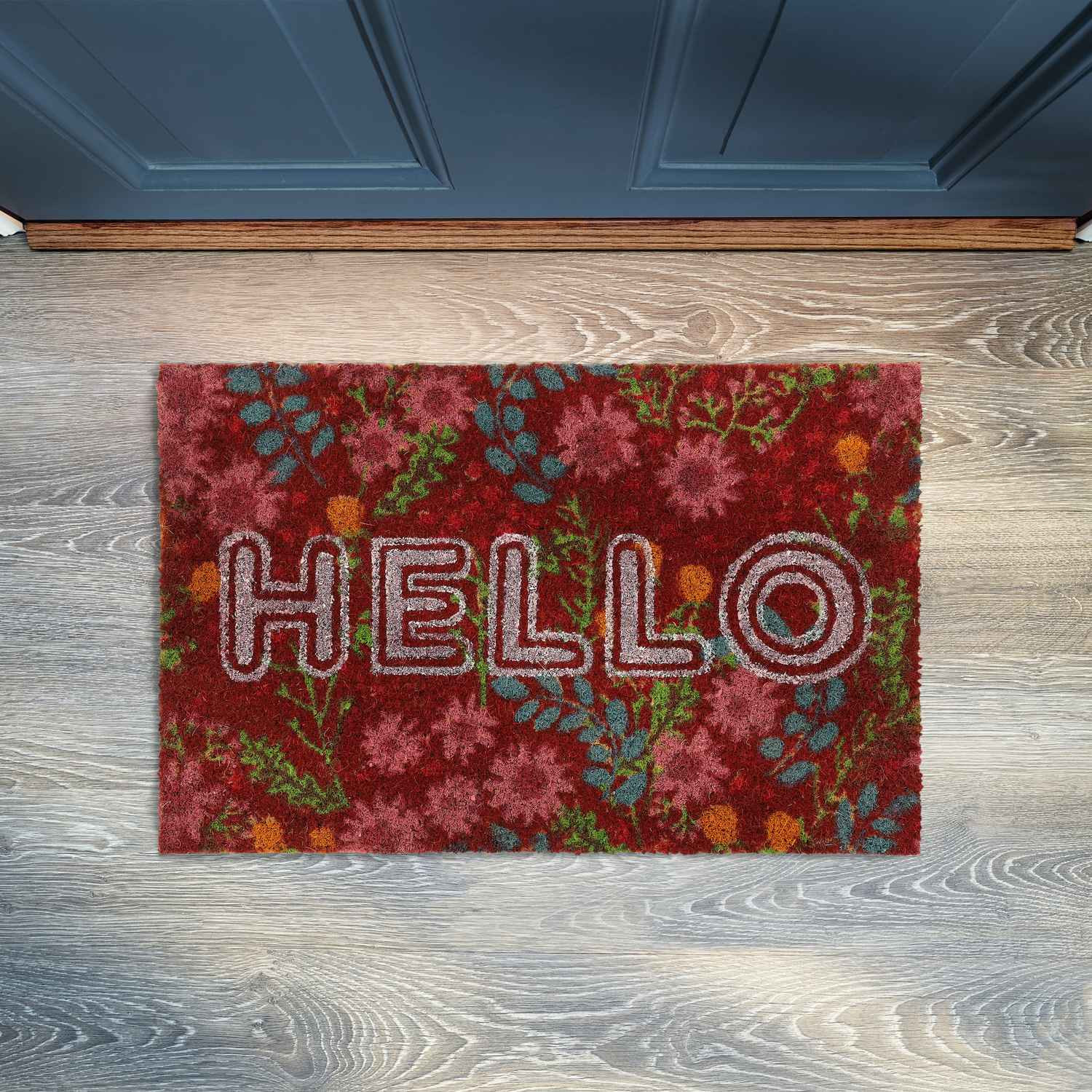 Fußmatte Kokosfaser "Hello" mit Blumen