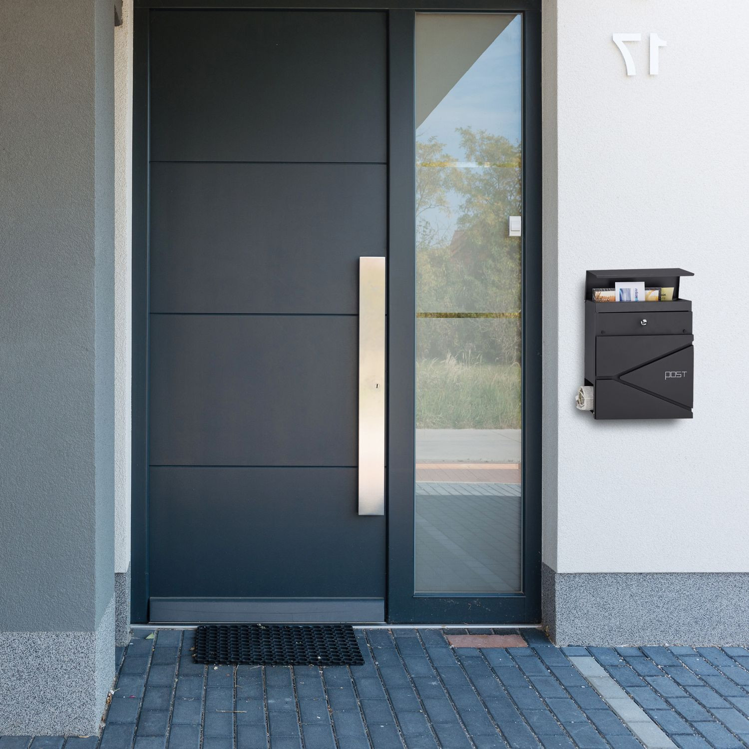 Black mailbox with newspaper holder
