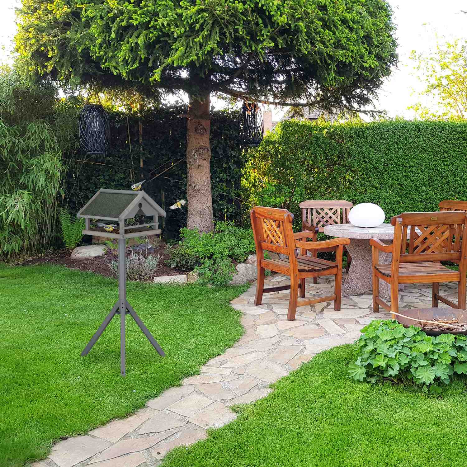 Gray bird table on post