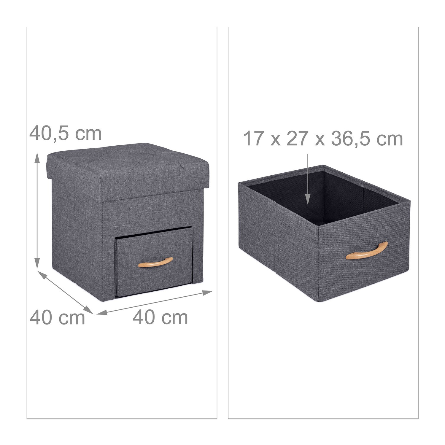 Taburete gris con espacio de almacenamiento
