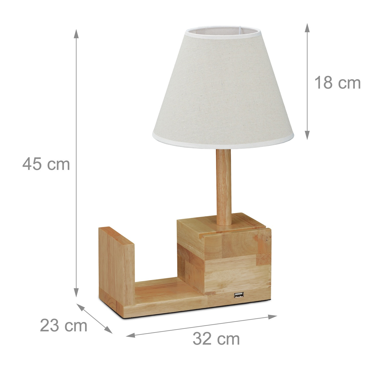 Candeeiro de mesa de madeira com tomada USB