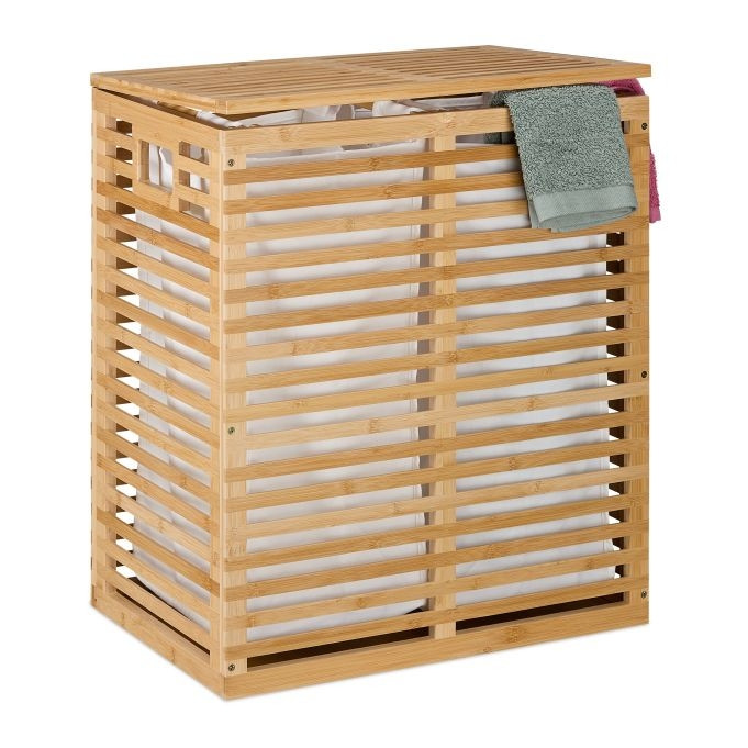 Cesto de roupa de bambu com 2 sacos