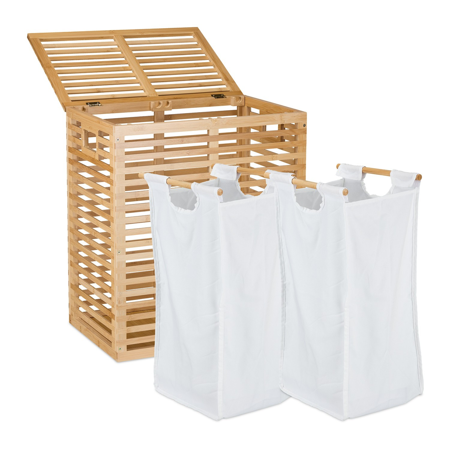Cesto de roupa de bambu com 2 sacos