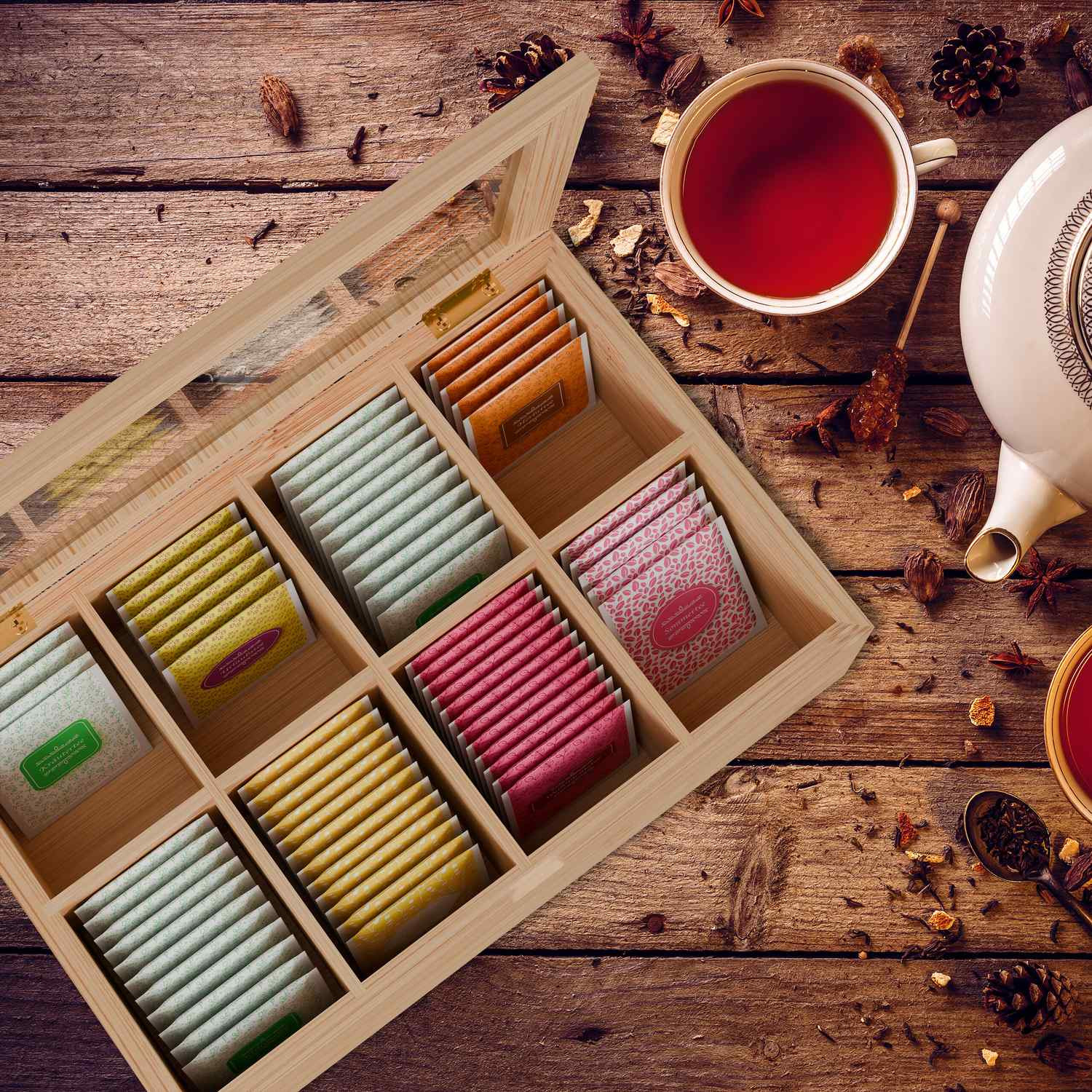 Caja de té con 8 compartimentos