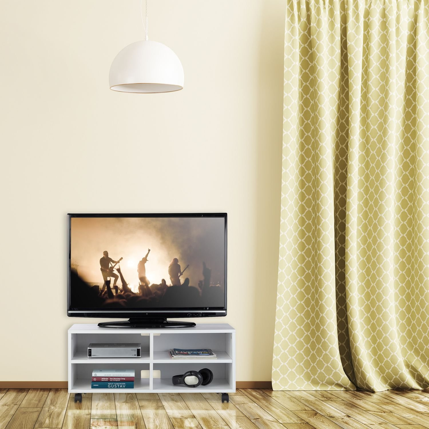Móvel de TV com 4 compartimentos e rodas