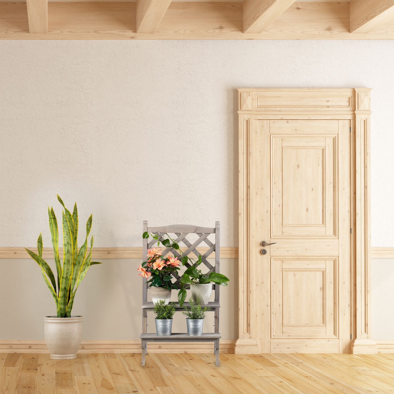 Escada de flores com treliça cinza