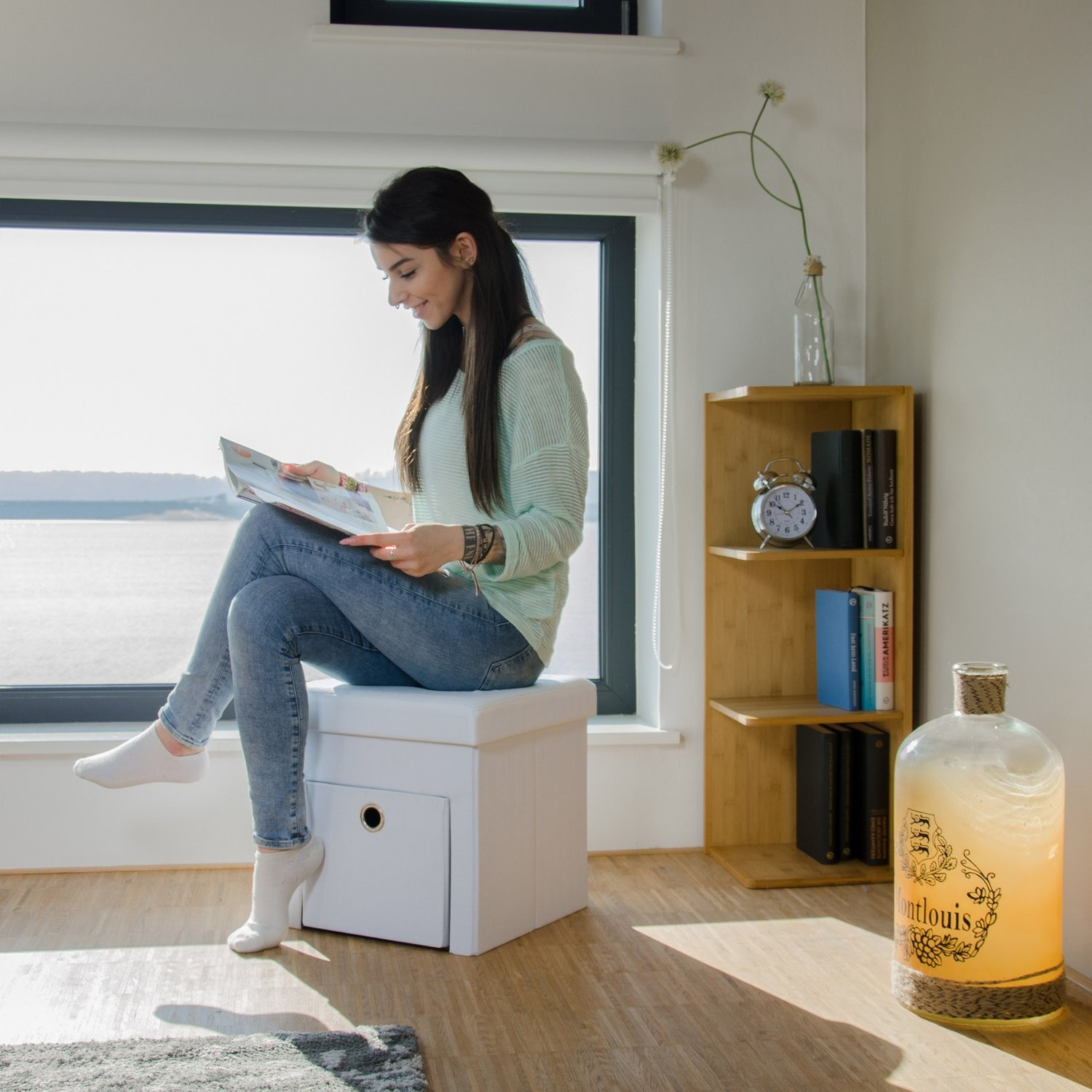 Taburete plegable de lino con compartimento